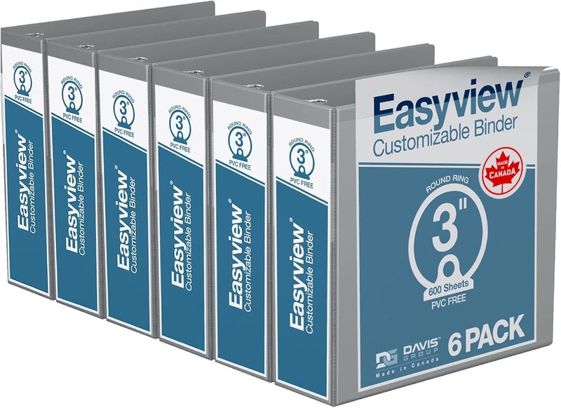 Davis Group Easyview Premium 3-Ring Binders with Clear-View Covers and Round Rings, Binders for School or Office, 3 Inch, Pack of 6, Gray - Image 1